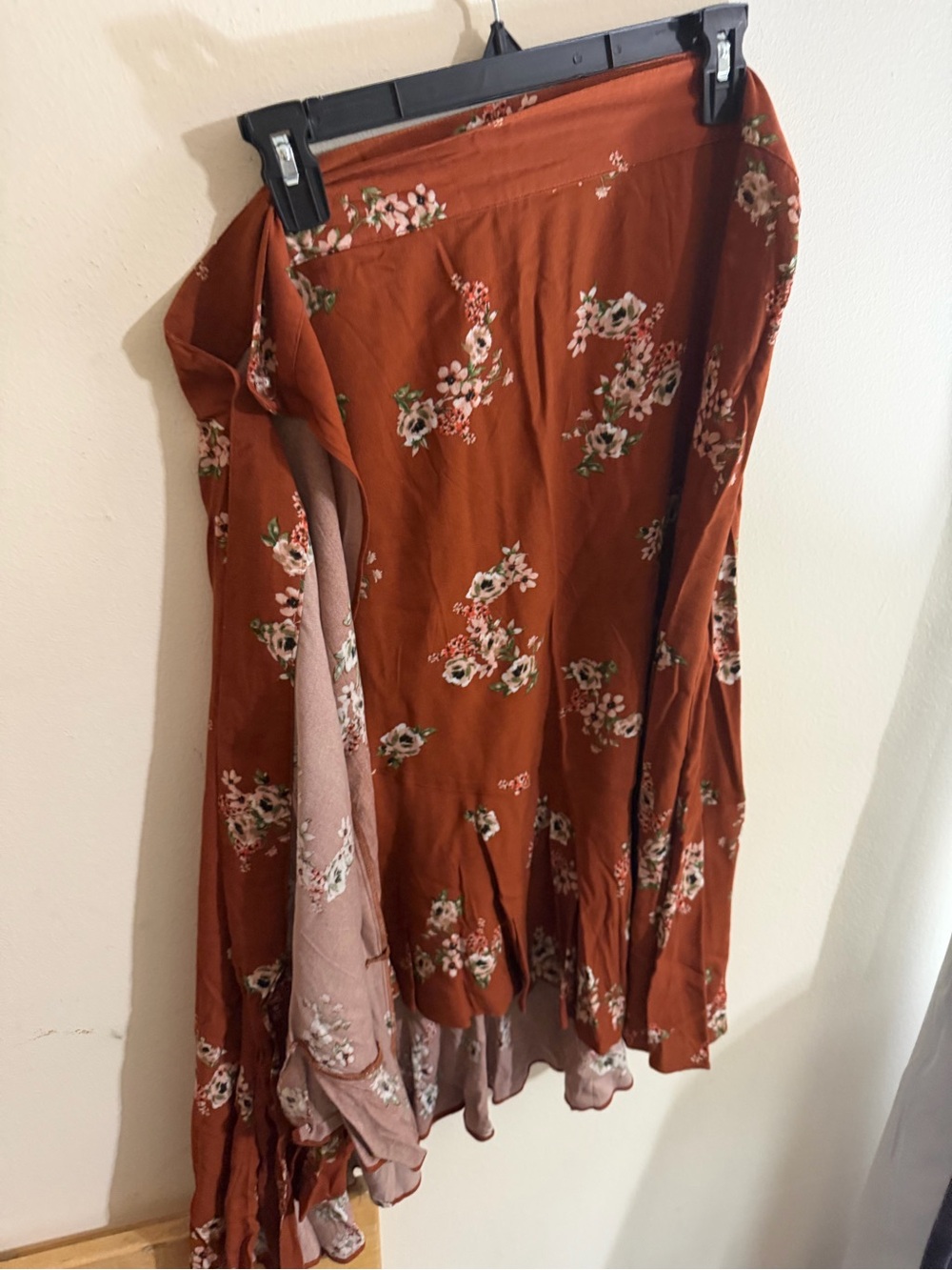Shyanne Size XXL Rust Floral Wrap Midi Skirt with Pink and Cream Blooms Western